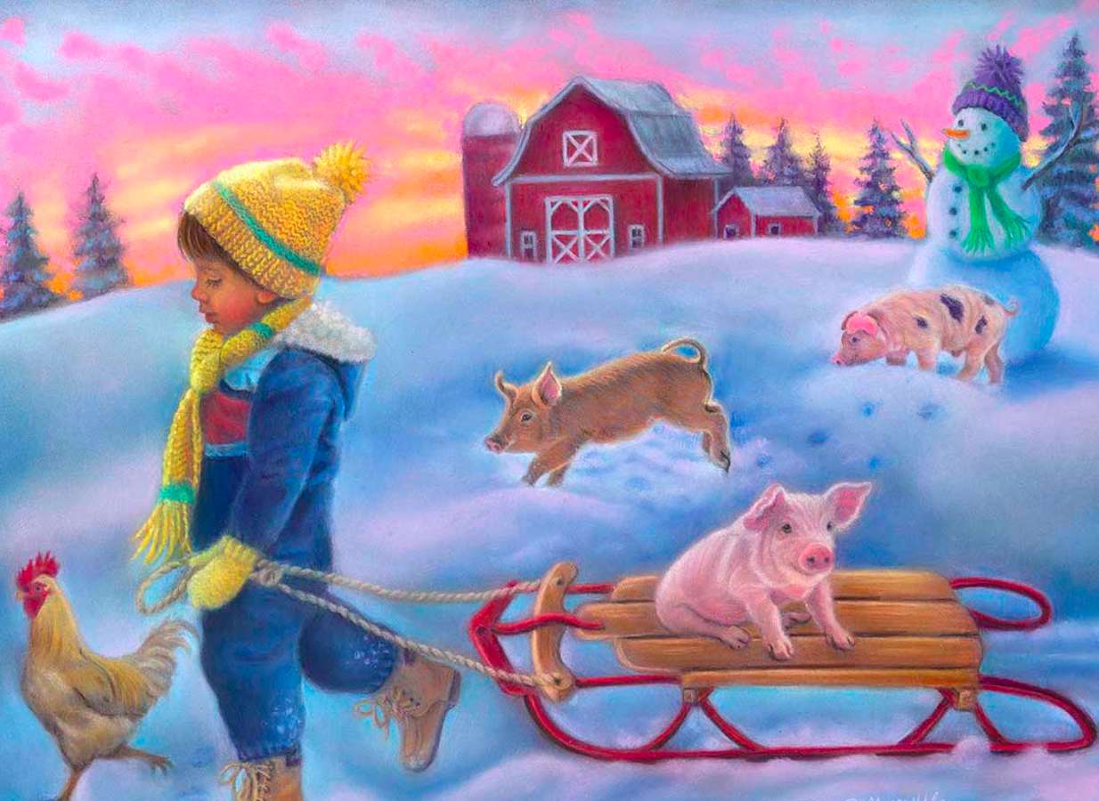 Zabawa w śniegu z zwierzaczkami farmy puzzle online
