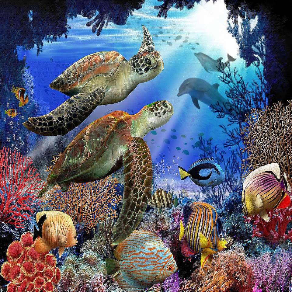 Mieszkańcy oceanu-żółwie, delifiny, ryby, koralowce puzzle online