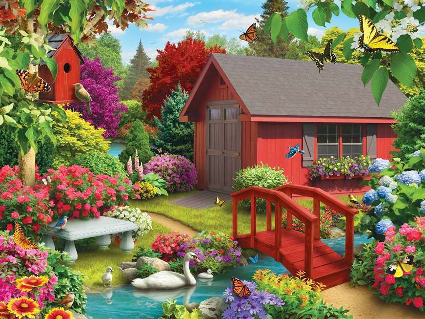 Czerwony domek w kwiatach puzzle online