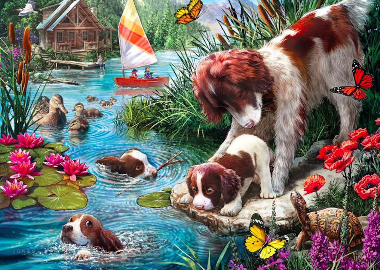 Nauka pływania i przetrwania:) czujna psia mama puzzle online