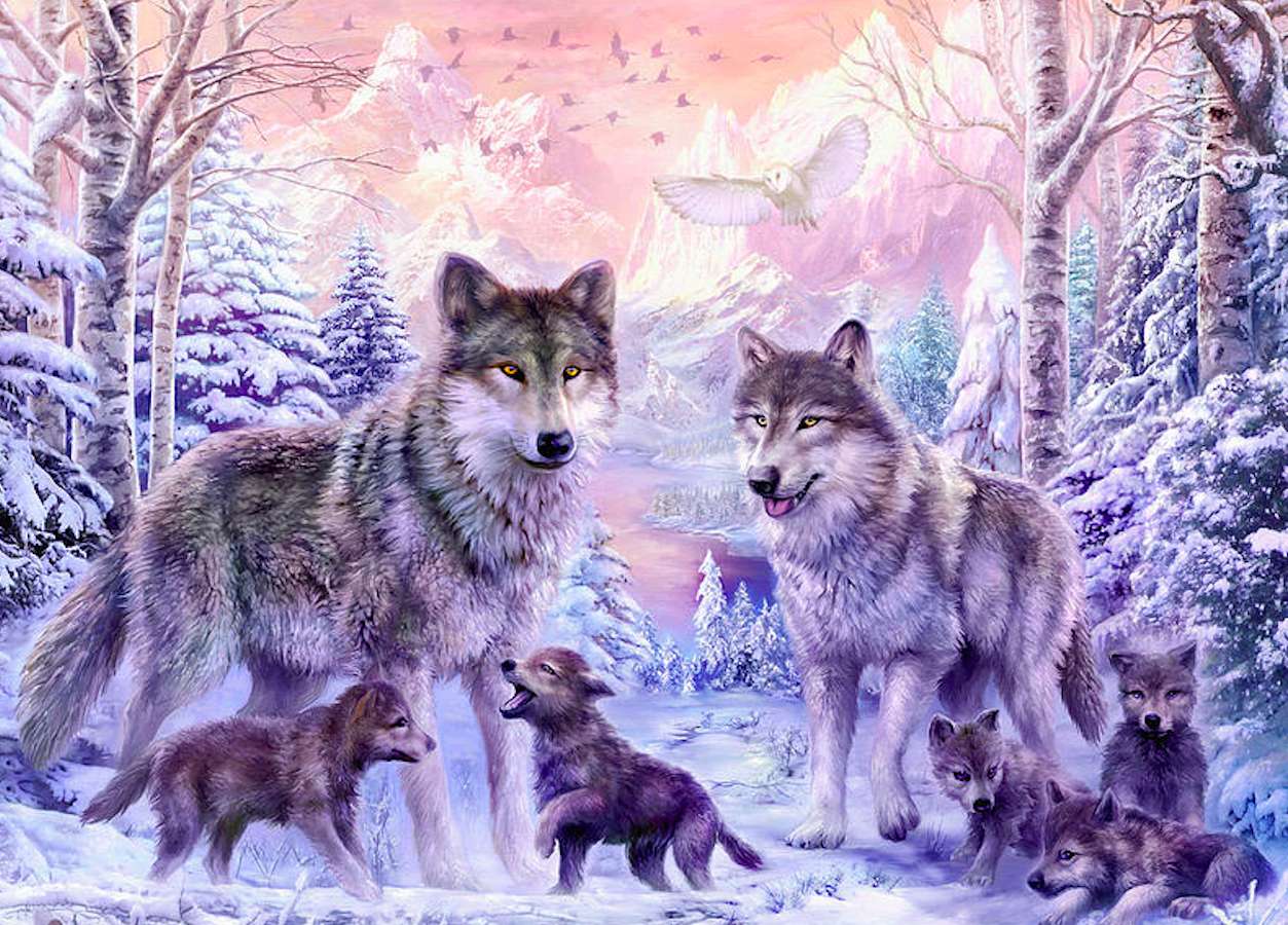 Rodzinka leśnych wilków syberyjskich, uroczy widok puzzle online