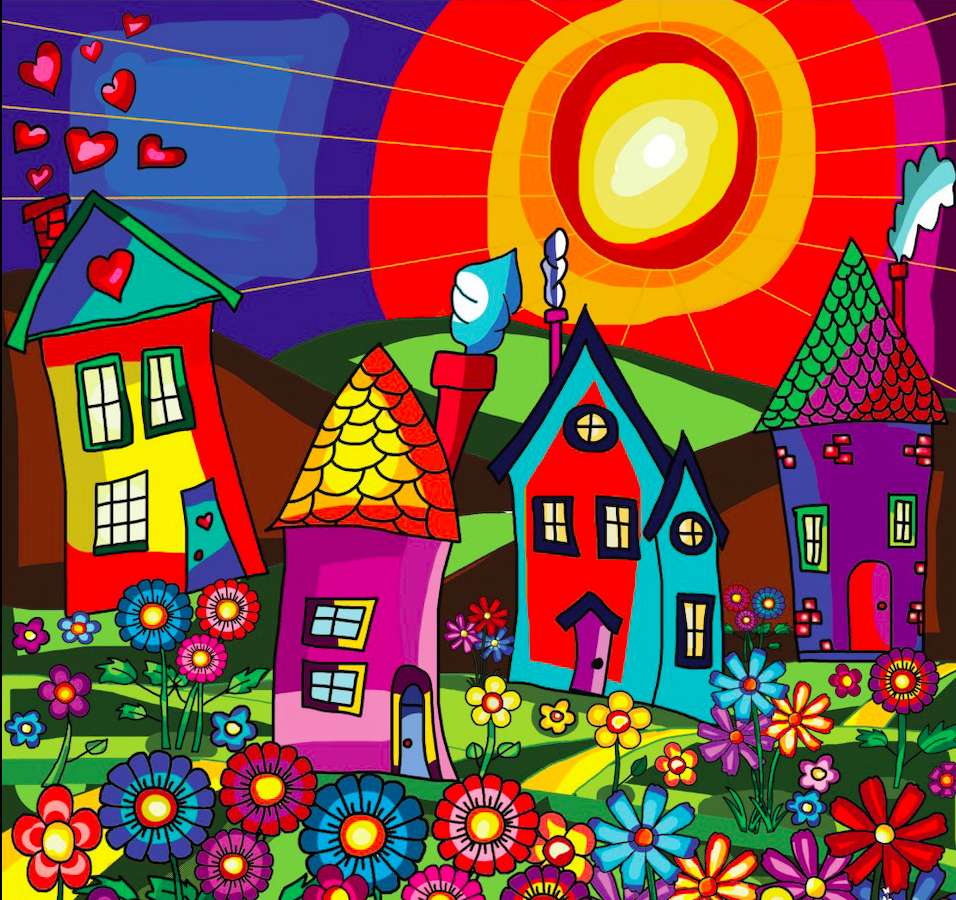 Słoneczne kolorowe wesołe domki puzzle online