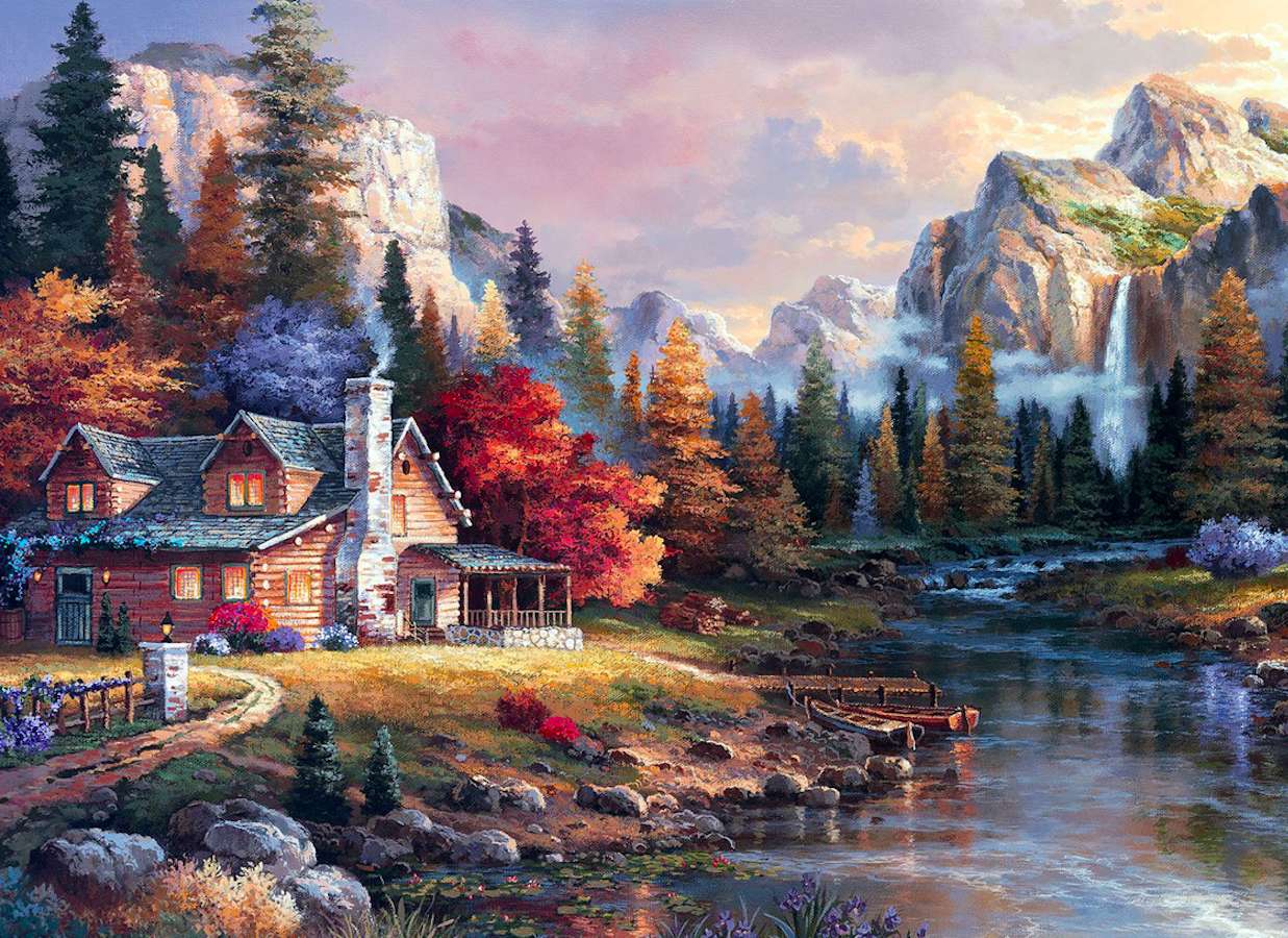 Piękny Dom nad wodospadem w górach puzzle online