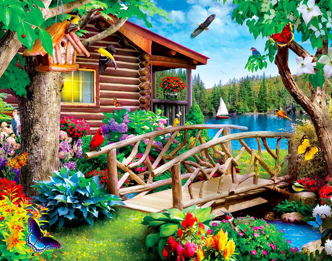 Piękny domek, uroczy mostek na działce puzzle online