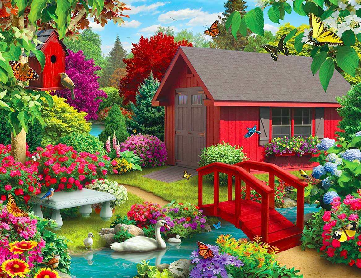 Czerwony domek, mostek, piękny ogród, co za widok puzzle online