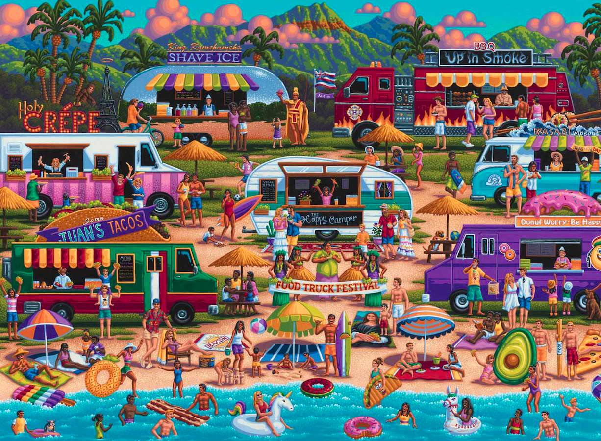 Zlot foof trucków tamtych lat na plaży puzzle online