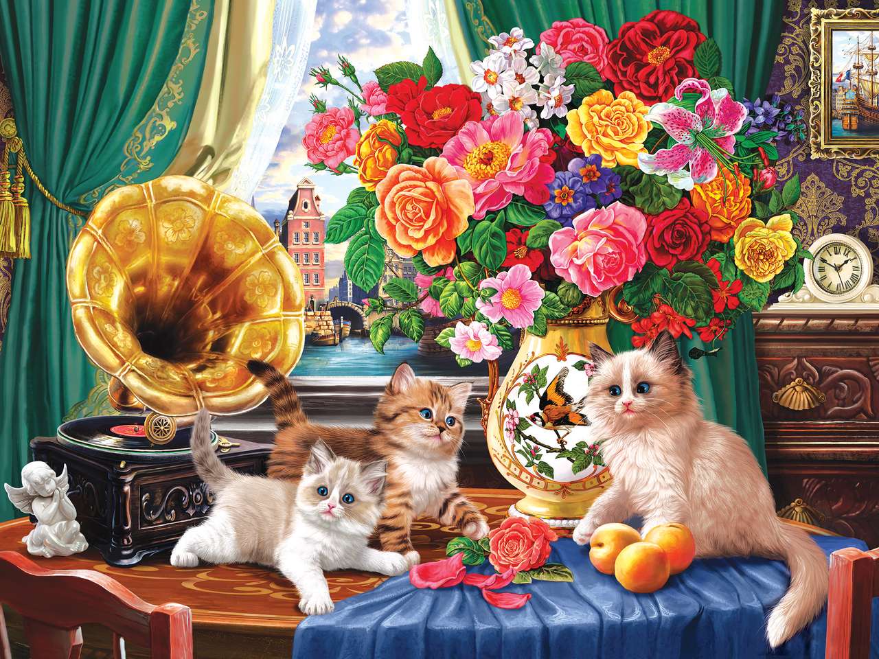 Kocięta i kolorowe kwiaty puzzle online