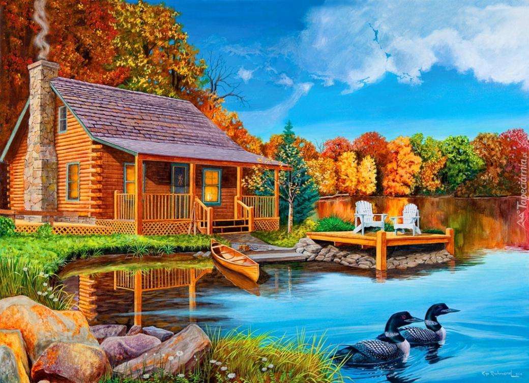 Domek nad jeziorem jesienią puzzle online