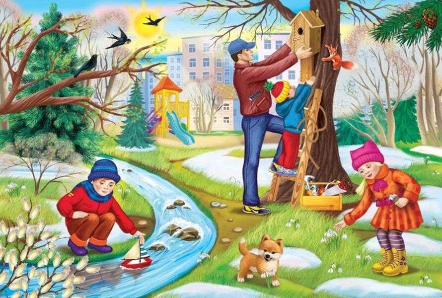 Tata z dziećmi w parku puzzle online