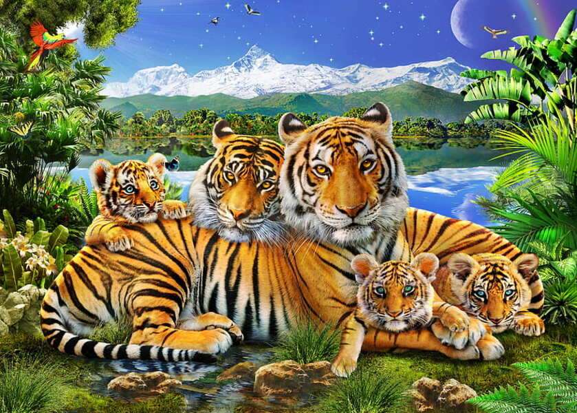 Rodzina tygrysów w lesie puzzle online