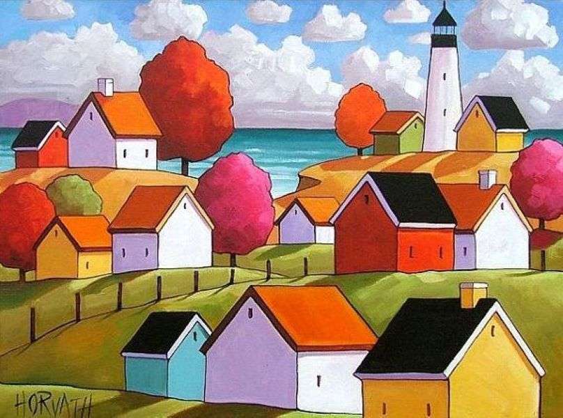 Malowanie jesiennej wioski nad morzem puzzle online