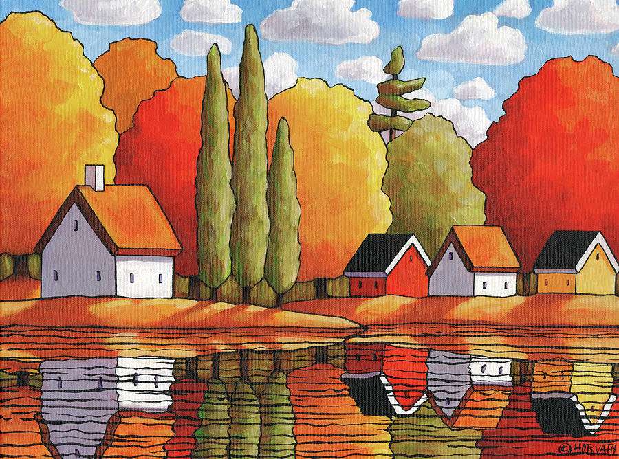 Malowanie jesiennej wioski nad jeziorem puzzle online