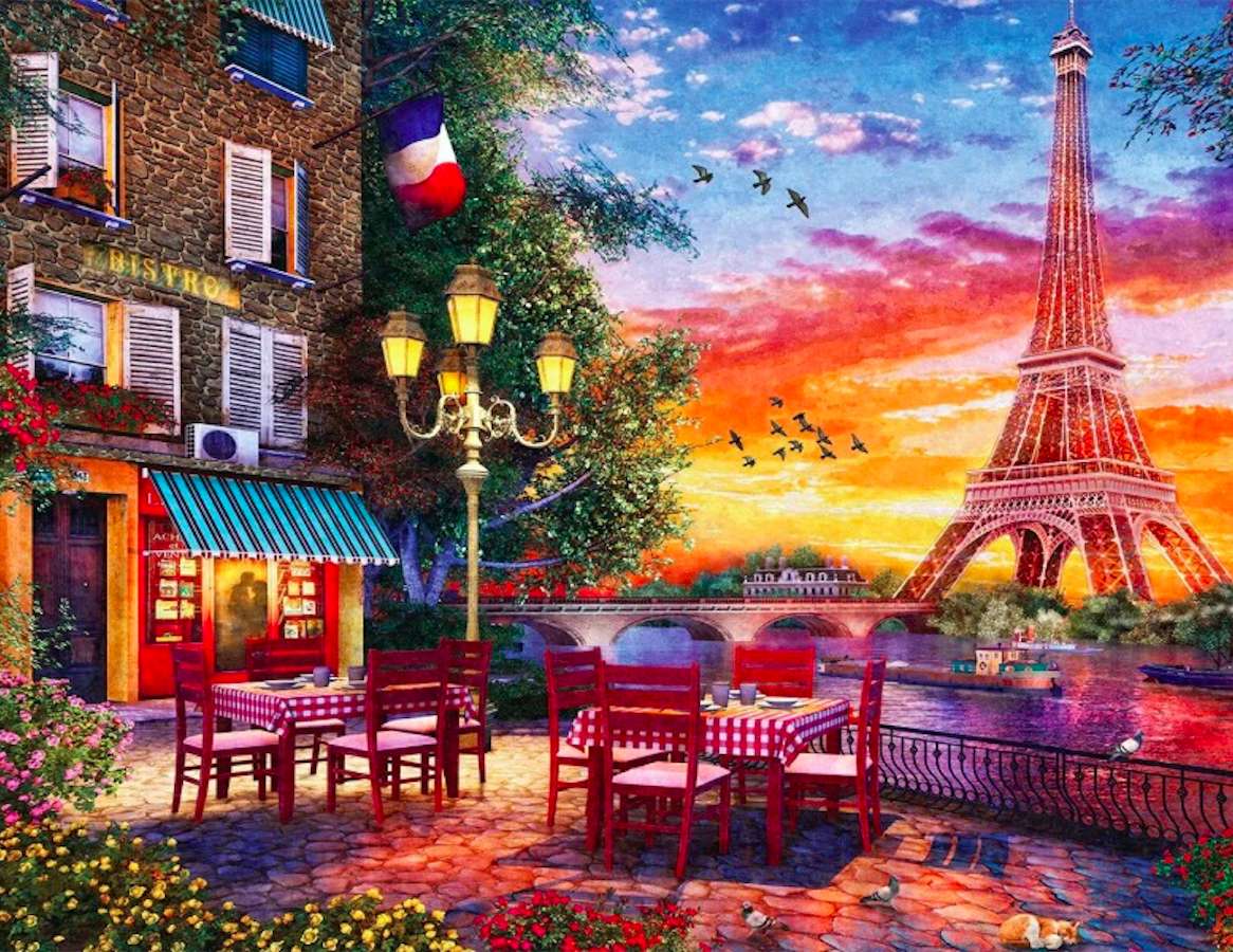 Paryż- Kafejka przy zachodzie słońca puzzle online