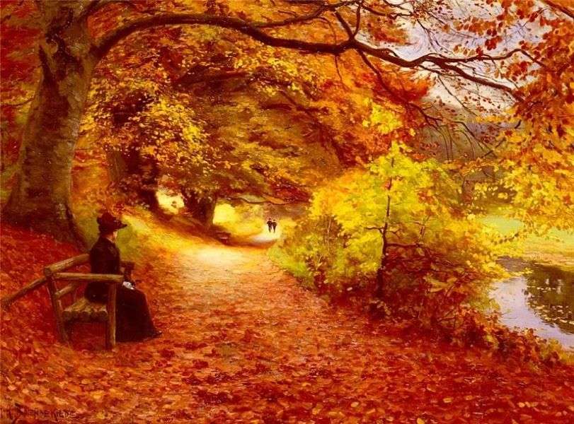 Złota jesień w parku ze stawem puzzle online