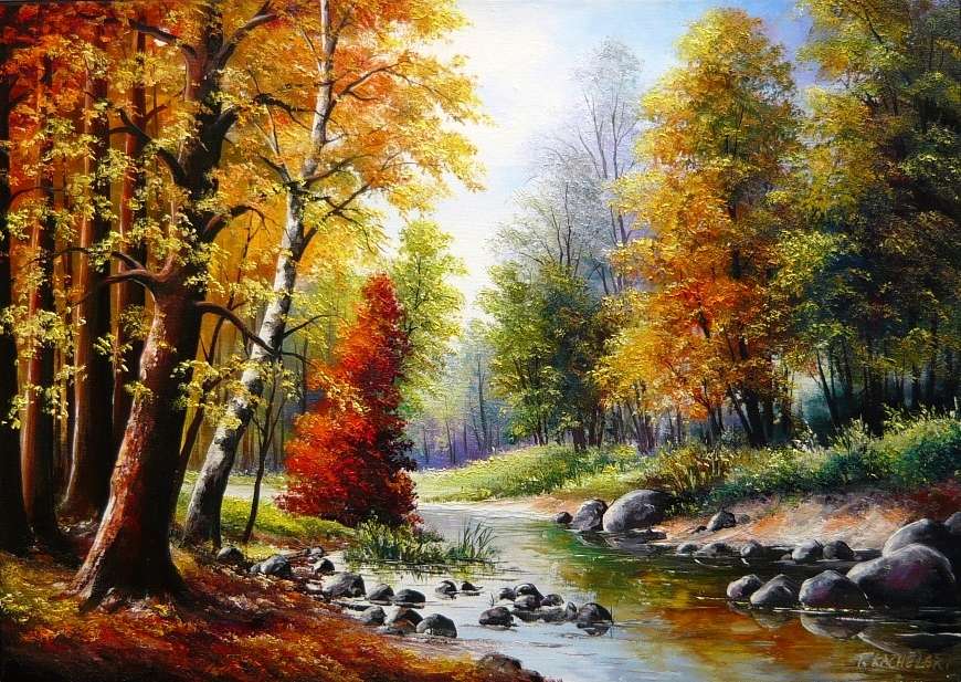 Malarstwo Jesienny krajobraz z rzeką puzzle online