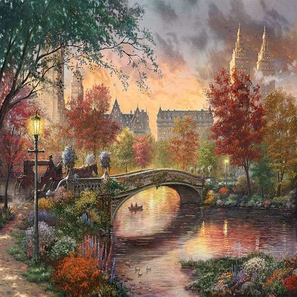 Malowanie jesiennego miasta nad rzeką z mostem puzzle online