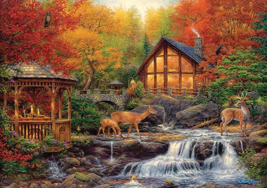 Malowanie jesiennego domu w lesie przy potoku z jeleniem puzzle online