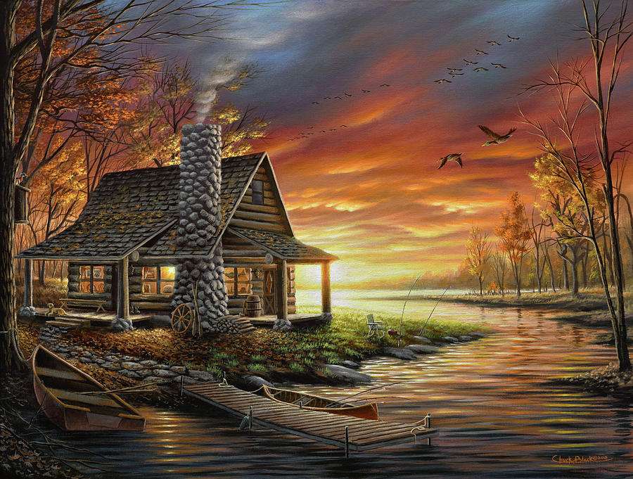 Malowanie jesieni na wsi nad rzeką puzzle online