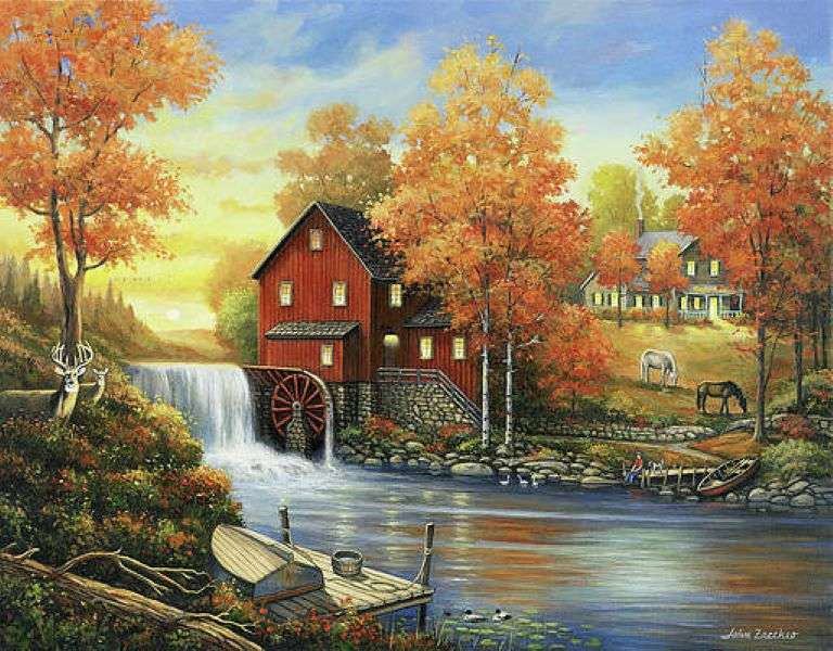 Obraz Jesień w wiejskim młynie nad wodą puzzle online