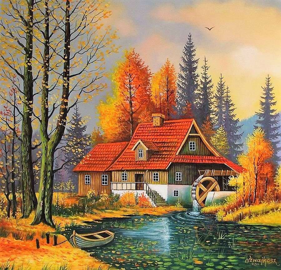 Malarstwo Jesień w wiejskim młynie nad rzeką puzzle online