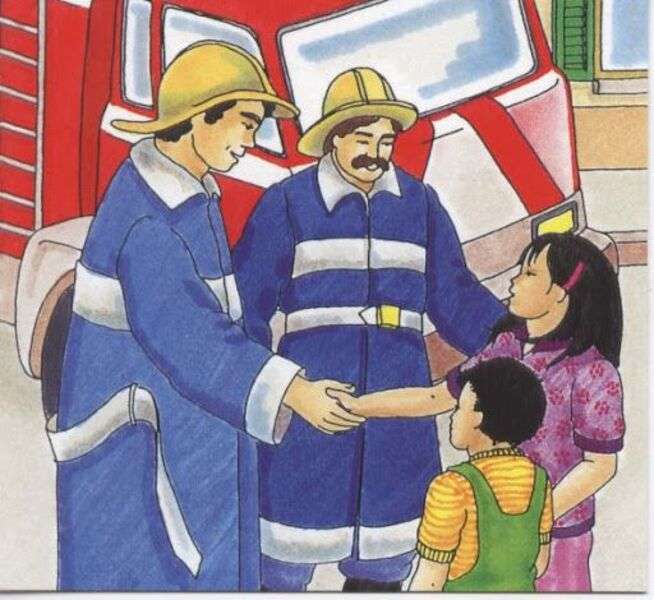 Niños saludando a los bomberos - Puzzle Factory