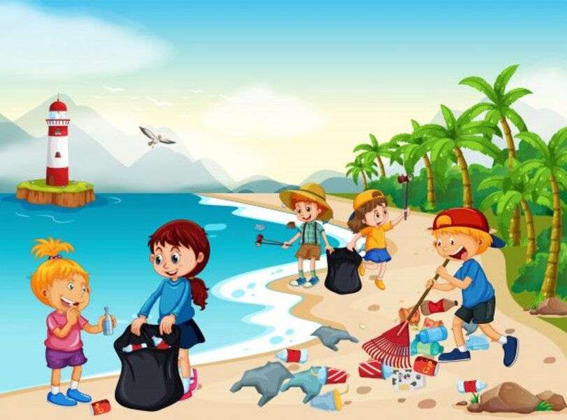 Dzieci sprzątające plażę puzzle online