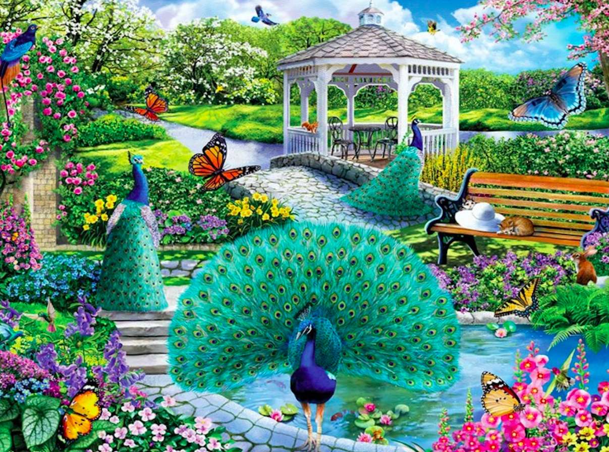 Piękne pawie w pięknym ogrodzie puzzle online