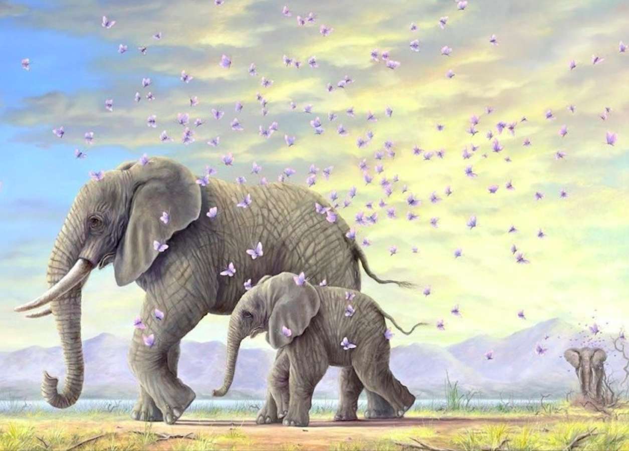 Słoniątko z mamą wśród motyli puzzle online