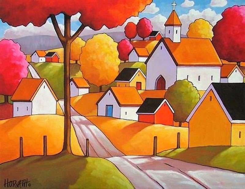 Jesienny czas w malowaniu wsi puzzle online