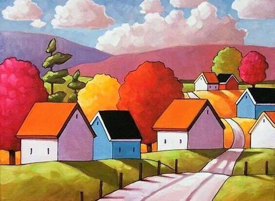 Jesienny czas w malowaniu wsi puzzle online
