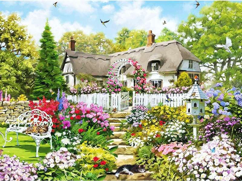 Wiejski w bajkowym ogrodzie domek na wsi puzzle online