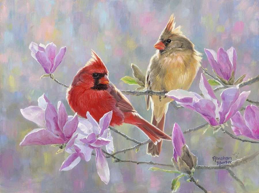 Cardinal Bird i Female Cardinal-piękne ptaszki puzzle online