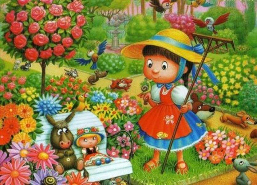 Mała dziewczynka bawi się w ogrodzie puzzle online