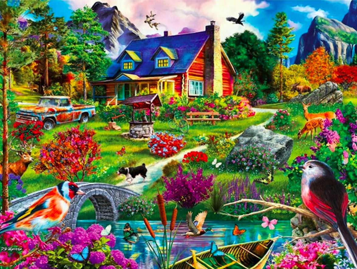Piękny domek nad stawem wśród gór puzzle online