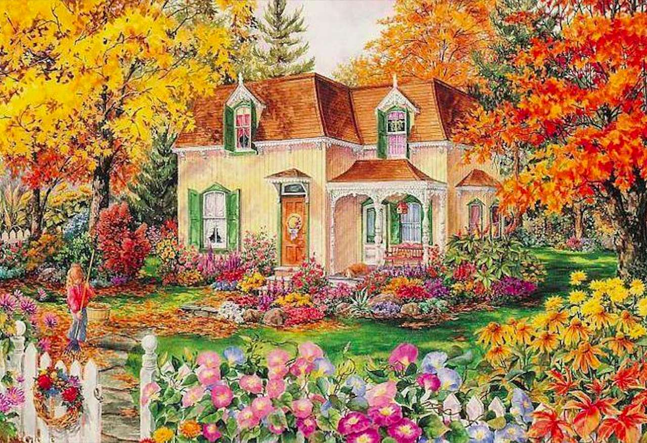 Piękny dom, jesienny ogród i mała ogrodniczka puzzle online