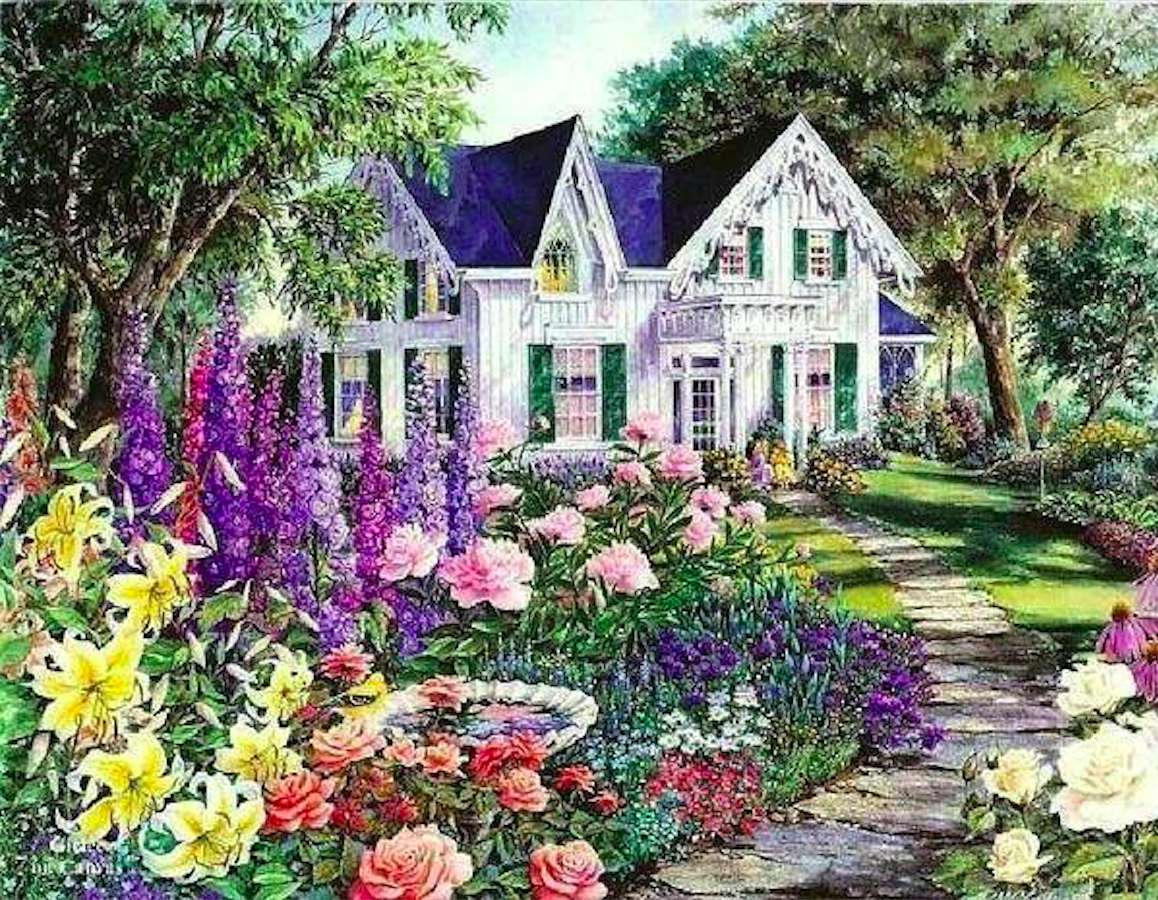 Dom z niebieskim dachem wśród niebieskich kwiatów puzzle online
