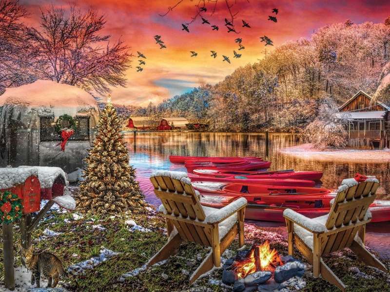 Zimowy relaks świąteczny nad jeziorem, cudo widok puzzle online