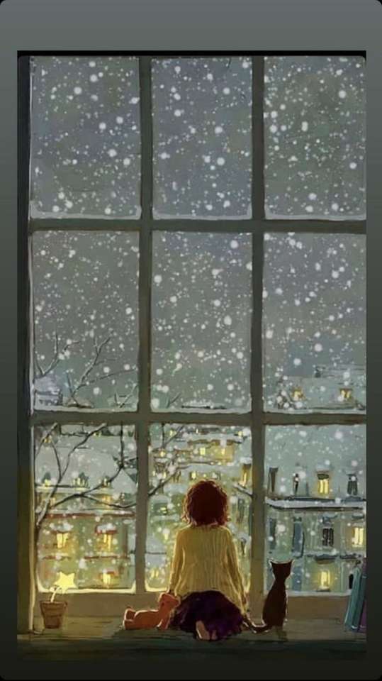 miasto pod śniegiem dziewczyna przy oknie puzzle online