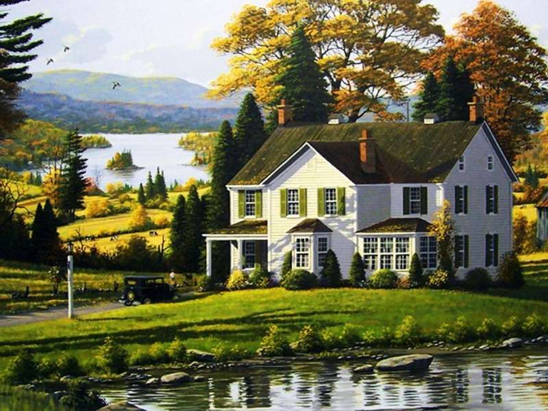 Piękny Dom nad stawem i jeziorem puzzle online