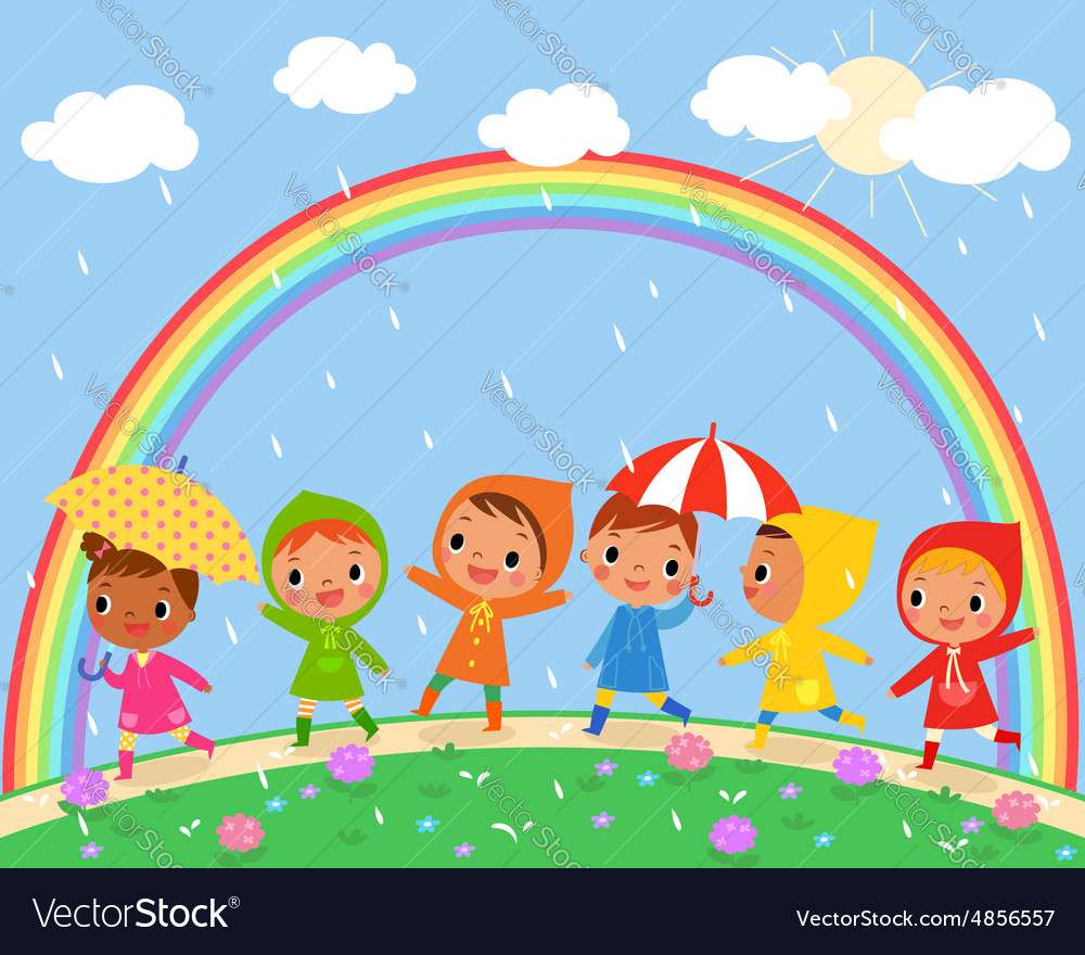 Children walk on a beautiful rainy day puzzle online