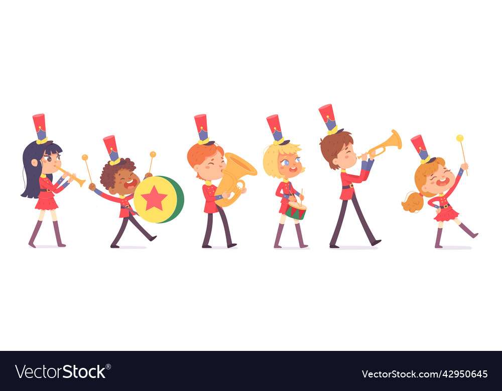 Parade of cute band of marching kids in red vector puzzle online