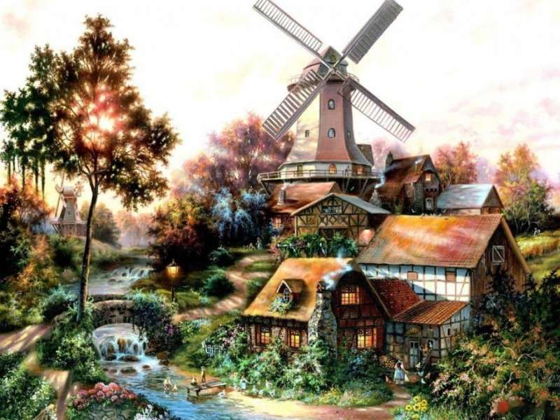 Stare wiatraki w małej wsi puzzle online