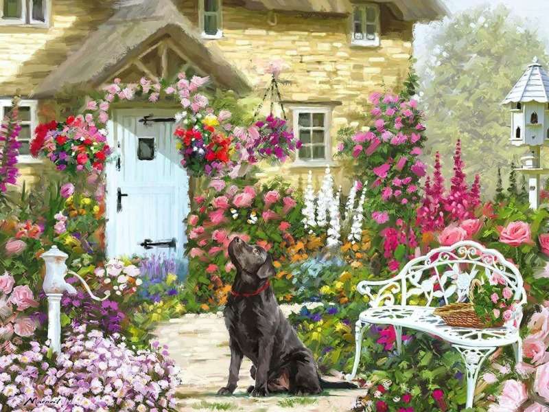 Domek z pięknym ogródkiem i pięknym psem puzzle online