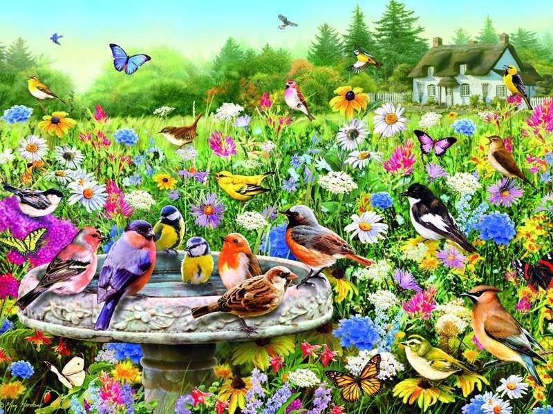 Tajemniczy bardzo kolorowy ogród z ptaszkami puzzle online