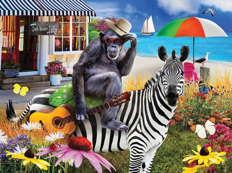 Monito i Zebrita na plaży puzzle online