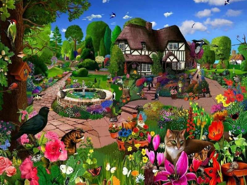 Cats in a Cottage Garden-Koty w pięknym ogródku puzzle online