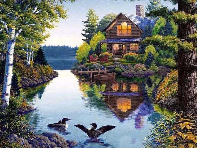Bajkowy domek nad pięknym jeziorem wieczorem puzzle online