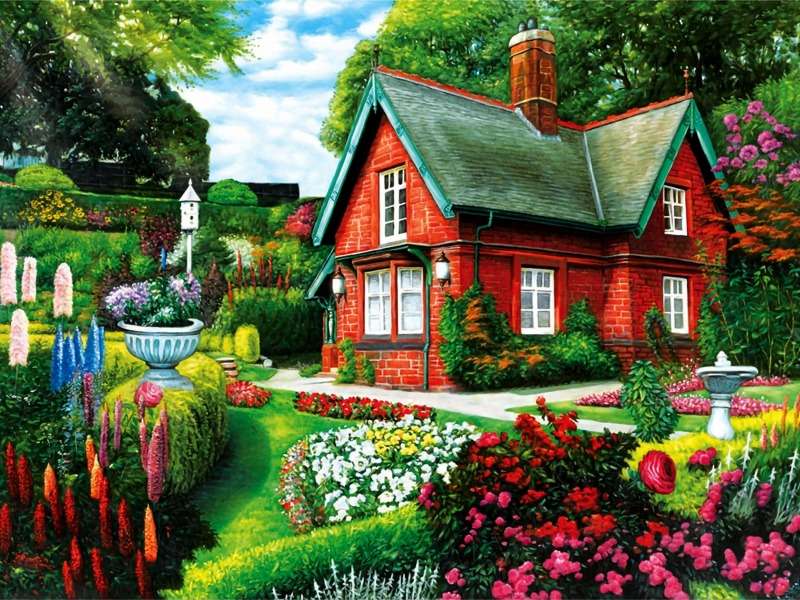 Prze-bajeczny czerwony dom w pięknym ogrodzie puzzle online