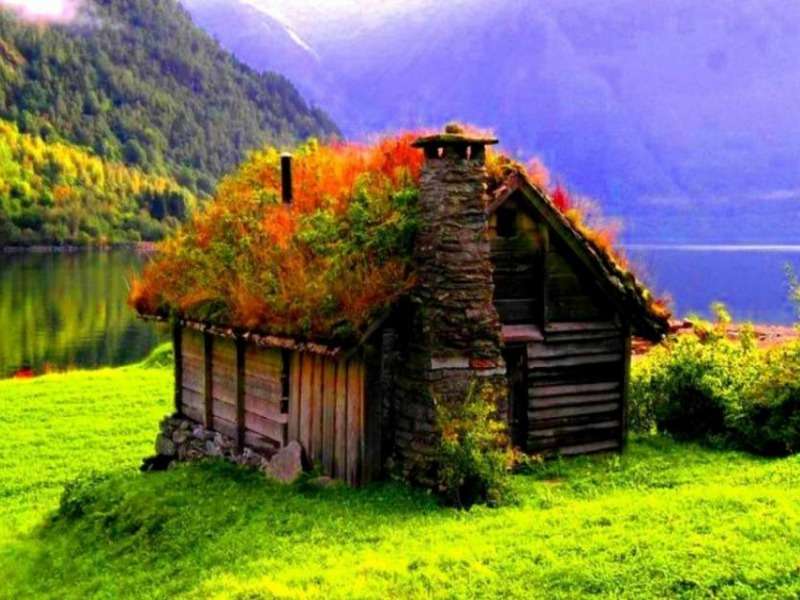 Dach domku porośnięty trawą na pięknej łące, cudo puzzle online