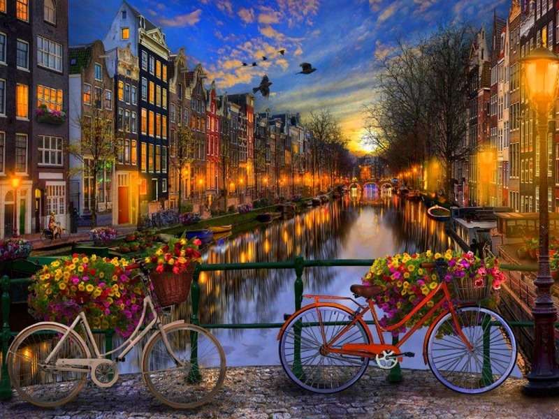 Amsterdam wieczorową porą, urocza uliczka puzzle online